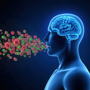 Illustration of a human brain expelling virus particles from the mouth