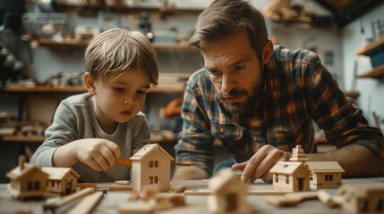 Fototapeta premium Serious child and father measuring wooden house