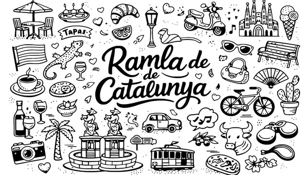 Ramla de Catalunya vector illustration with various tourist attractions and symbols