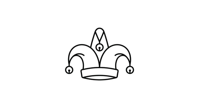 Jester hat icon line art illustration, clown cap with bells for April Fools Day and carnival.
