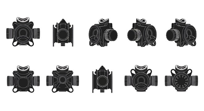 Tactical Diving Scuba Regulator Vector Illustration Multi-Angle Grid Set Isolated on White Background for Naval Frogman Gear and Marine Defense Design