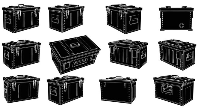 Military Tactical Storage Crate Vector Illustration Multi-Angle Grid Collection Isolated on White Background for Defense Logistics and Transport Design
