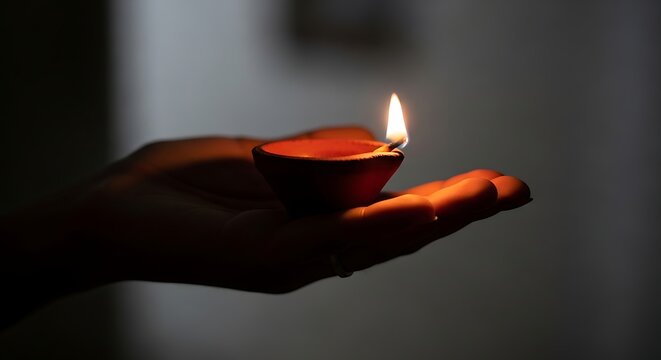 A close-up shot of a hand gently holding a traditional lit clay oil lamp (diya) in a dimly lit environment, symbolizing light and hope.