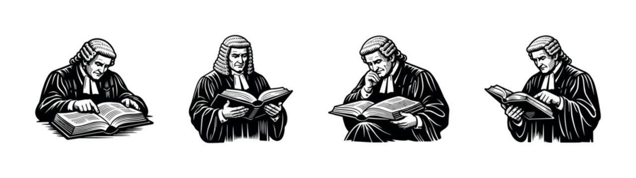 Black and white vector illustration of lawyers reading books with robes and wigs, depicting legal themes and professional attire
