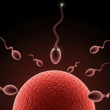 Microscopic view of sperm cells approaching an egg cell for fertilization