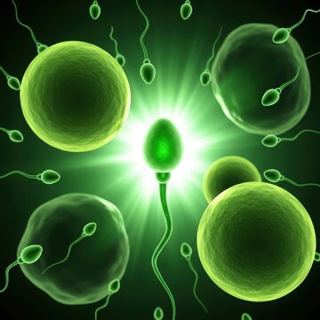 A microscopic view of sperm cells interacting with an egg cell in a glowing green environment