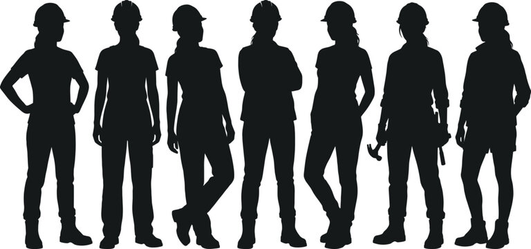 Women construction workers silhouette set featuring female builders and engineers wearing hard hats, industrial workwear, and tool belts in professional standing poses