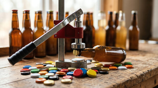 Hand bottle capper with colorful crown caps on wooden surface