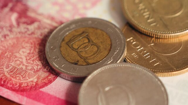 Banknote details of Hungarian forint and coins. High quality 4k footage