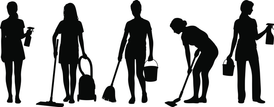 Cleaning activity silhouettes icon set with people using mop, broom, vacuum, spray bottle, and bucket, minimalist housekeeping and janitorial service design illustration