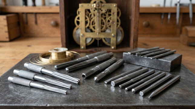 Clock bushing tools with reamers broaches and staking set on bench plate