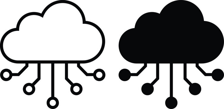 Cloud computing network icon set with circuit board connections featuring minimalist black line art and solid silhouette style for data storage and digital technology