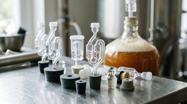 Fermentation airlocks and rubber bungs with glass carboy stoppers
