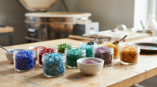 Crushed glass frit and fine glass powder in various colors