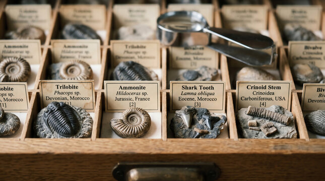 Small fossil specimens with trilobites and ammonites in labeled museum drawer