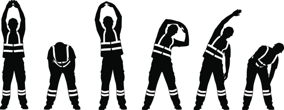 Silhouette of construction workers in reflective safety vests performing daily warm up stretches and morning exercise routines for workplace health and safety