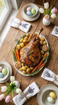 Festive Easter dinner table setting with a roasted leg of lamb, pastel eggs, and spring tulips on a rustic wooden background, top view.