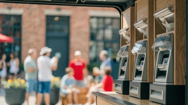 Focused shot of compact ATM machines and cash deposit slots inside a mobile branch vehicle soft background showing community event activity.