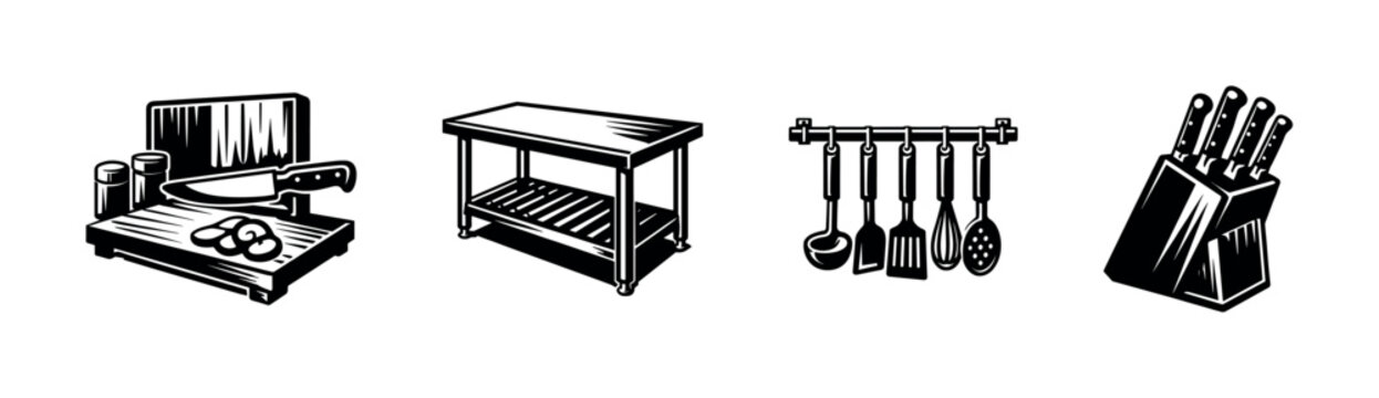 Black and white kitchen utensils and furniture vector set with knives cooking tools illustration