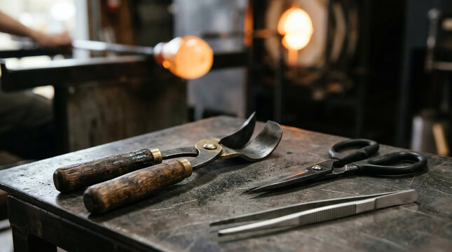 Glassblowing jacks diamond shears and stainless tweezers on marver