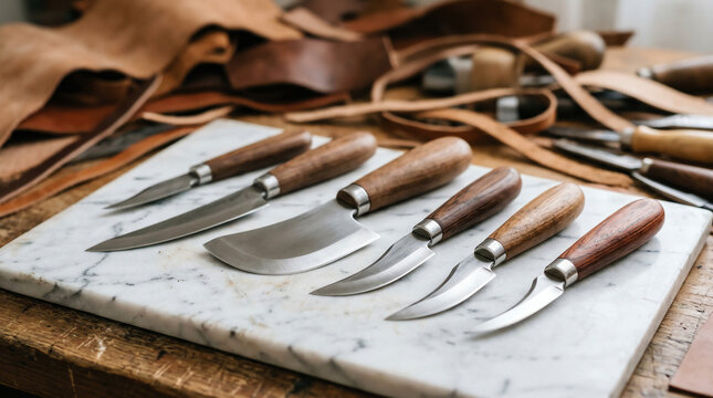 Leather skiving and paring knives with curved blades on marble slab