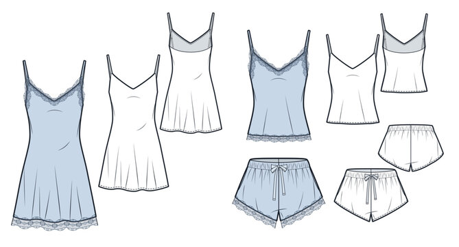 Women Sleepwear Set Fashion Flat Technical Drawings, Lace Trim Slip Dress Camisole Top and Sleep Shorts CAD Templates