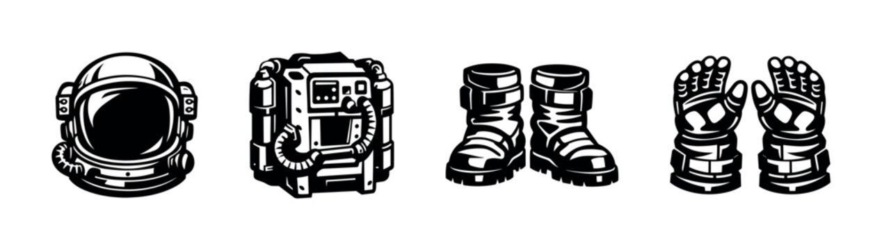 Black and white vector silhouette of astronaut gear including helmet boots backpack gloves