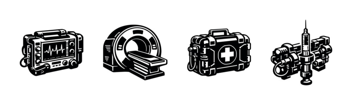Black and white medical equipment icons, including mri scanner, heart monitor, first aid kit, and syringe, vector illustration