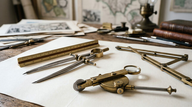 Map making tools with proportional dividers and planimeter on map sheet