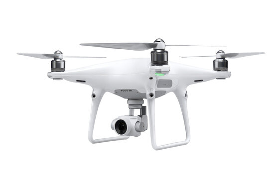 DJI Phantom 4 Pro drone with a sleek design, equipped with a camera and propellers, hovering against a clear blue sky, isolated on transparent background
