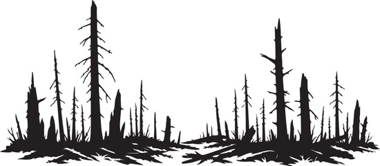  Burnt forest landscape with dead tree trunks silhouette vector on white background. © Amina