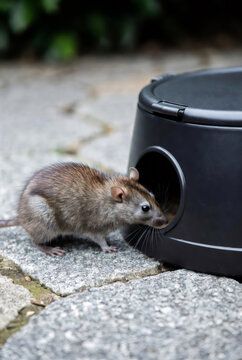 Brown rat inspecting black plastic bait station on stone surface. Professional rodent control concept for pest extermination and wildlife management in residential or warehouse environment.