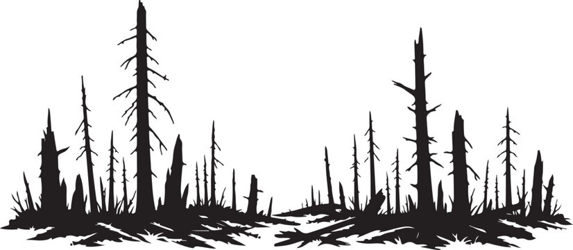  Burnt forest landscape with dead tree trunks silhouette vector on white background.