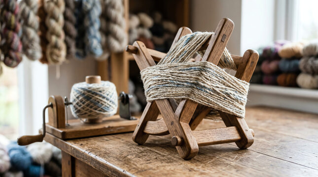 Wooden niddy noddy with handspun yarn skein and ball winder