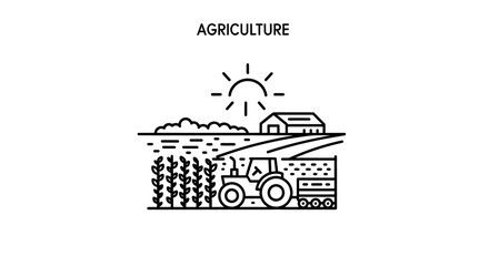 Fototapeta premium Agriculture Icon: Tractor Harvesting Crops Under the Sun with Farm Buildings
