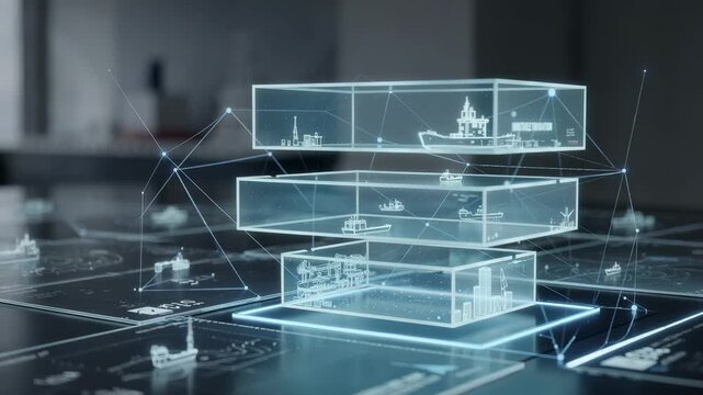 Focused medium shot of a marine insurance blockchain dashboard highlighting immutable claim transactions with the interface details crisp and surroundings softly blurred.