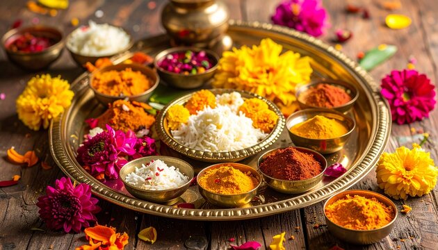 A beautifully arranged Ugadi celebration setup featuring vibrant fresh flowers, traditional puja samagri, and festive essentials. The scene includes a decorated brass puja thali with kumkum