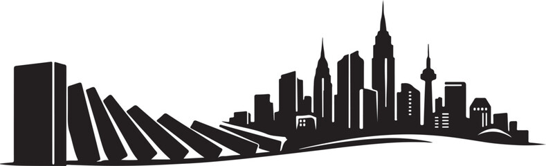 Obraz premium Domino Effect Concept with Falling Tiles and City Skyline Silhouette vector