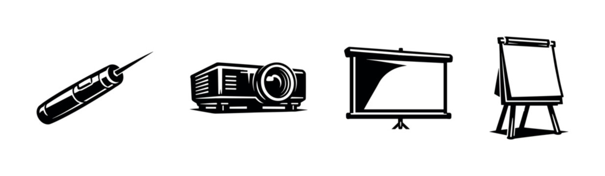 Black and white vector illustration of syringe projector screen and easel in silhouette style