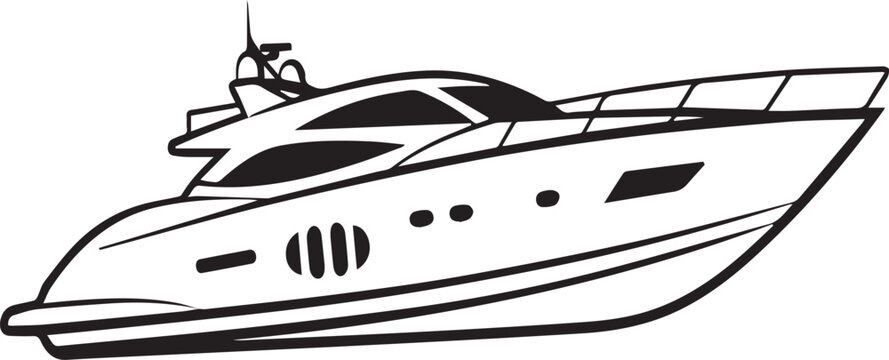 Isolated black and white vector illustration of a luxury motor yacht and speedboat vessel cruising on the sea for nautical travel and water transport.