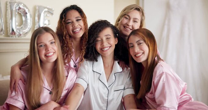 Friends, face and happy with bridal shower for celebration, announcement and cheerful in hotel bed. Group, women and bride with smile for commitment, solidarity and excitement in bachelorette party