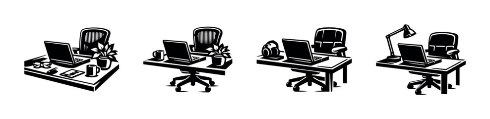 Fototapeta premium Black and white office desk setup illustrations featuring laptops and chairs in silhouette style