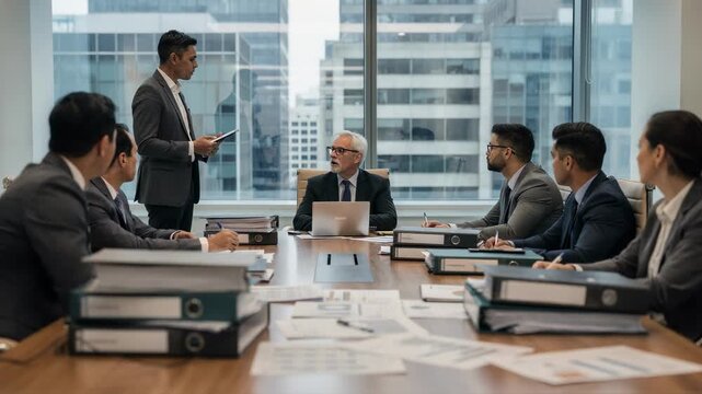 Financial experts in focused discussion around table stacked with compliance binders and risk analysis papers highlighting presenters gestures during audit session.
