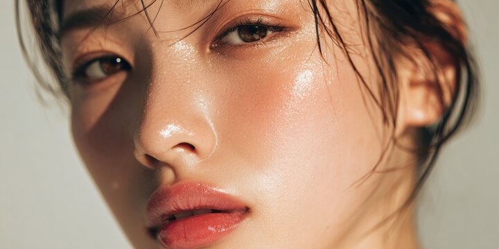 Asian young woman showing dewy healthy glowing skin