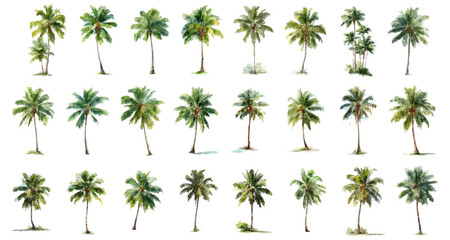 Collection of palm tree watercolor illustrations providing diverse tropical design elements. Conveying exotic vacation. Summer travel. And nature concepts © Narin