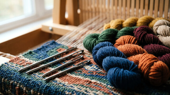 Tapestry needles and darning needles with skeins of tapestry wool