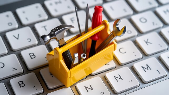 Miniature toolbox with tools rests on a computer keyboard, symbolizing tech support and digital repair.