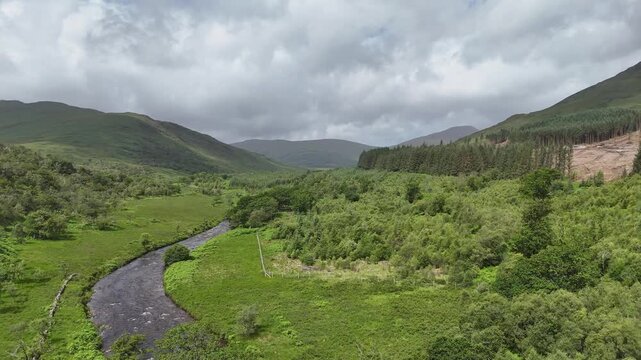 Aerial Drone Rise Over River Valley on Isle of Mull, Scotland