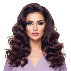 Naklejka premium Glamorous woman with voluminous dark wavy hair and bold makeup looking forward isolated on transparent background