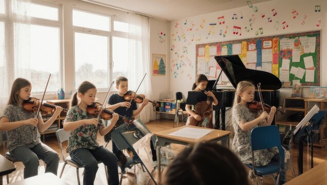 Children playing violins in a music class with a piano.